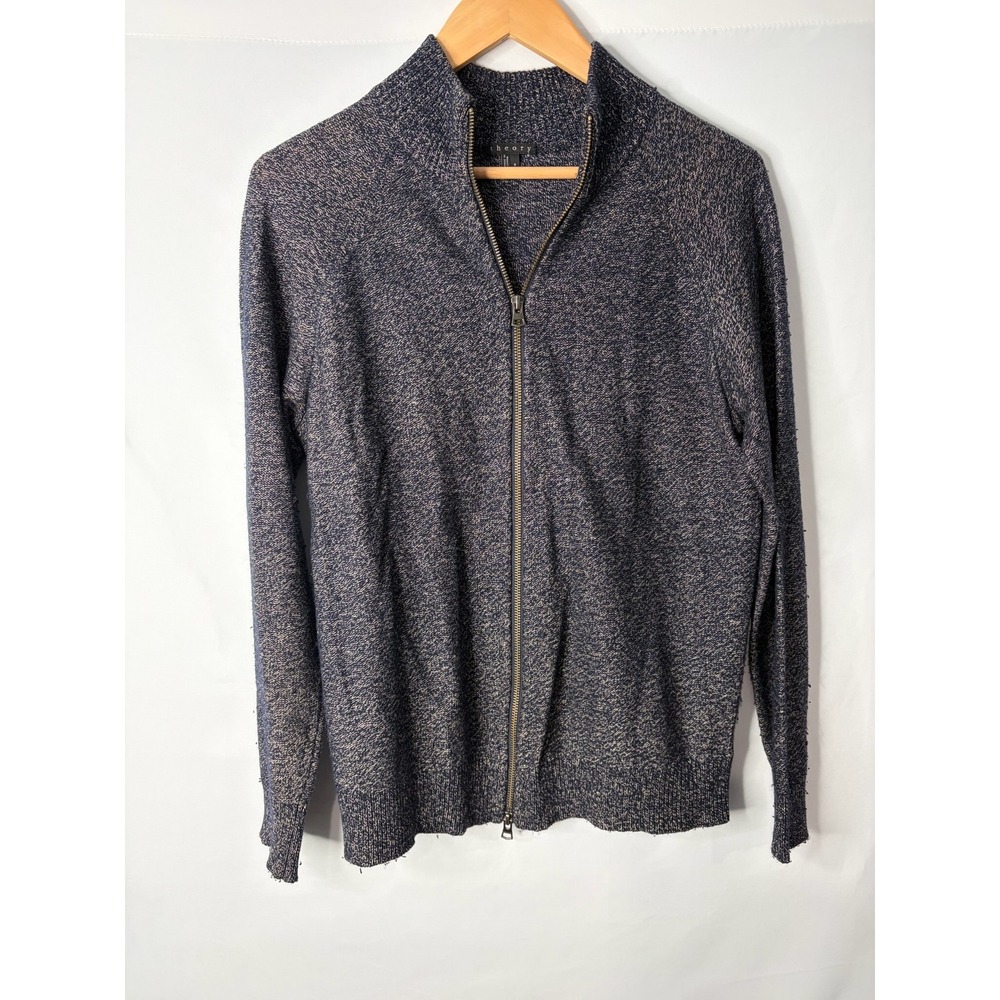 Theory Cardigan Sweater Mens SM Navy Wool Linen Marled Full Zip Preppy Academia